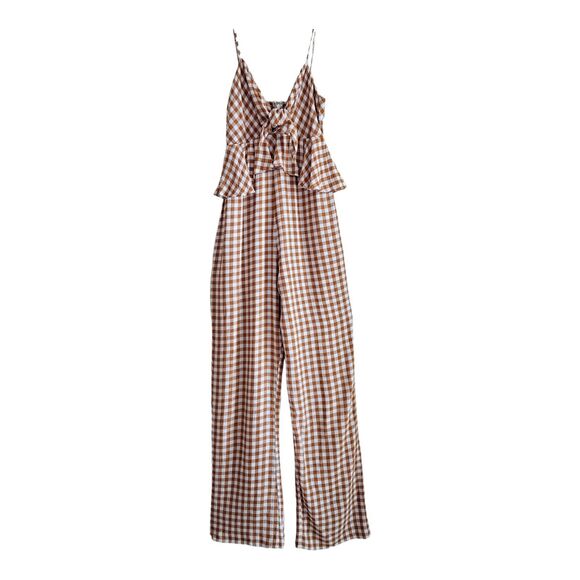 SAYLOR Pants - SAYLOR Women's XS Laken Jumpsuit Gingham Tie Front Spaghetti Straps Peplum Lined